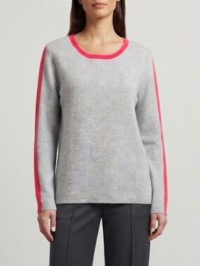 Max Studio Gray Crewneck Sweater with Red Trim and Sleeve Stripe Size Med